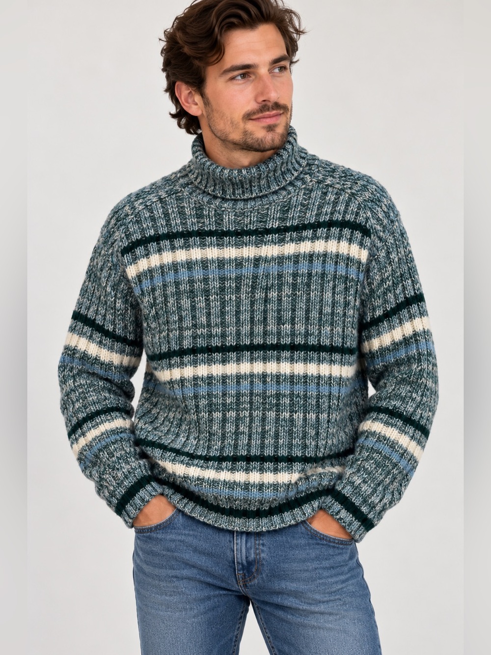 Vintage Triton Chunky Knit Turtleneck Sweater Blue Green Striped